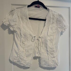Edikted White Ruffled Blouse with Tie Front